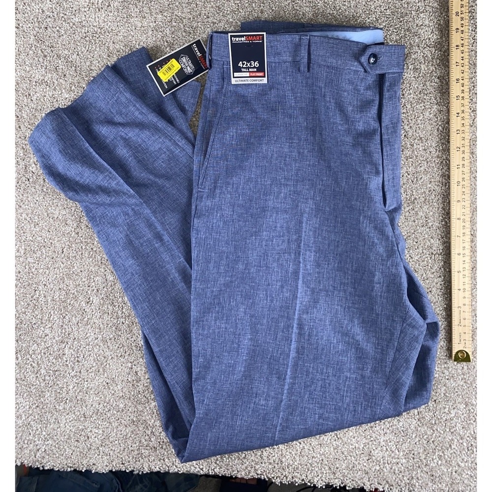 Travel Smart Roundtree Yorke Performance Flat Pants 42x36 Blue Classic Preppy